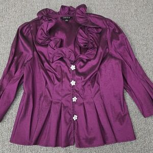 Chetta B Stretch Bodycon Blouse Ruffle Neck Rhinestones Glam Womens 16